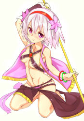 Rule 34 | 1girl, :/, barefoot, blush, bracelet, breasts, closed mouth, flower, flower knight girl, hair flower, hair ornament, hairband, holding, holding staff, jewelry, kneeling, looking at viewer, otomeyuri (flower knight girl), panties, pink eyes, pink panties, pink vest, red hairband, revealing clothes, short hair, skirt, small breasts, solo, staff, takabow, underwear, vest, white background, white hair
