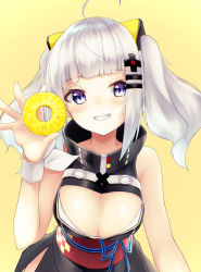 Rule 34 | 1girl, bare shoulders, beige background, black dress, blue eyes, blush, breasts, cleavage, cleavage cutout, clothing cutout, dress, food, fruit, grin, hair ornament, hairclip, hand up, head tilt, highres, holding, holding food, kaguya luna, large breasts, looking at viewer, obi, pineapple, pineapple slice, rupe paperu, sash, sidelocks, silver hair, simple background, sleeveless, sleeveless dress, smile, solo, the moon studio, twintails, upper body, virtual youtuber, yellow background