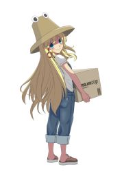 Rule 34 | 1girl, alternate costume, alternate hair length, alternate hairstyle, amazon (company), blonde hair, blue eyes, blush, box, carrying, casual, contemporary, from behind, full body, hair ribbon, hat, highres, kugi (kugi-xiv), long hair, looking at viewer, looking back, moriya suwako, overalls, pants, pants rolled up, ribbon, shirt, shoes, simple background, smile, sneakers, solo, touhou, tress ribbon, very long hair, white background, white shirt