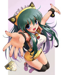 Rule 34 | 1girl, animal ears, black thighhighs, blue eyes, cat ears, full body, green hair, katahira masashi, long hair, original, outstretched arms, outstretched hand, pointy ears, solo, spread arms, thighhighs, wrist cuffs, zettai ryouiki