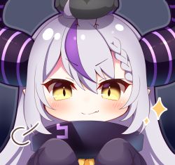 Rule 34 | 1girl, ahoge, animal, animal on head, bird, bird on head, blush, braid, chibi, closed mouth, commentary request, crow, crow (la+ darknesss), demon horns, fang, fang out, grey hair, hair between eyes, hands up, hololive, holox, horns, la+ darknesss, la+ darknesss (1st costume), long sleeves, looking at viewer, multicolored hair, on head, portrait, purple hair, sleeves past fingers, sleeves past wrists, smile, solo, sparkle, streaked hair, striped horns, v-shaped eyebrows, virtual youtuber, yellow eyes, yukiyuki 441