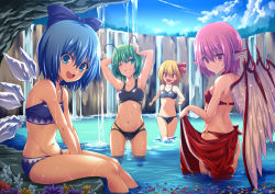 Rule 34 | 4girls, :d, ;), armpits, arms up, ass, bare arms, bare legs, bare shoulders, bikini, black bikini, blonde hair, blue bikini, blue bow, blue eyes, blue flower, blue hair, blue sky, bow, breasts, cirno, cloud, collarbone, commentary request, day, feathered wings, flower, green eyes, green hair, grin, groin, hair between eyes, hair bow, halterneck, head tilt, head wings, highleg, highleg bikini, hijikawa arashi, ice, ice wings, looking at viewer, multiple girls, mystia lorelei, navel, o-ring, o-ring bikini, one eye closed, open mouth, outdoors, petals, petals on liquid, pink eyes, pink hair, purple flower, red bikini, red eyes, rock, rumia, sarong, sitting, sky, small breasts, smile, soaking feet, standing, stomach, swimsuit, team 9, thighs, touhou, wading, water, waterfall, wet, wings, wriggle nightbug, yellow flower