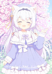 Rule 34 | 1girl, animal ears, blue dress, bow, braid, cat ears, cat girl, cherry blossoms, commission, cowboy shot, dress, hair ornament, hair ribbon, hairband, highres, open mouth, original, purple bow, ribbon, skeb commission, smile, twin braids, tyakomes, variant set, white bow, wings, x hair ornament
