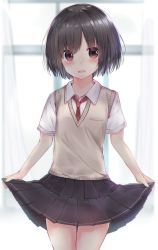 Rule 34 | 1girl, black hair, blush, brown eyes, clothes lift, cowboy shot, curtains, embarrassed, highres, indoors, lifted by self, looking at viewer, necktie, neku (neku draw), open mouth, original, pleated skirt, red necktie, school uniform, shirt, short hair, short sleeves, skirt, skirt lift, solo, sweater vest, window, wing collar