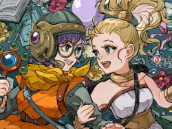 Rule 34 | 2girls, :d, bad hand, bare shoulders, blonde hair, blue eyes, book, chrono trigger, crown, unworn crown, eye contact, flower, glasses, headset, helmet, highres, jewelry, long hair, looking at another, lucca ashtear, marle (chrono trigger), multiple girls, necklace, open mouth, pendant, pink ribbon, ponytail, purple hair, ribbon, smile, uzutanco