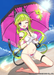 Rule 34 | 1girl, ;d, armband, bare legs, barefoot, beach, bikini, bow, bow bikini, breasts, bridal garter, cable, cable tail, cleavage, day, detached collar, dutch angle, fangs, gloves, green hair, hairband, kaku-san-sei million arthur, kneeling, lens flare, lolita hairband, long hair, looking at viewer, mechanical tail, medium breasts, million arthur (series), miyoshino, navel, one eye closed, open mouth, outdoors, parasol, purple eyes, robot ears, smile, solo, sparkle, swimsuit, tail, twintails, umbrella, watermark, white bikini, white gloves