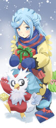 Rule 34 | 1boy, :o, absurdres, aisu (icicleshot), blue eyes, blue footwear, blue hair, blue mittens, blush, boots, box, commentary request, creatures (company), delibird, game freak, gen 2 pokemon, gift, gift box, grusha (pokemon), highres, holding, jacket, long hair, long sleeves, male focus, mittens, nintendo, outdoors, pants, parted lips, pokemon, pokemon (creature), pokemon sv, snowing, squatting, yellow jacket