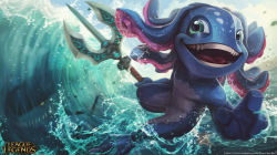 Rule 34 | 1boy, absurdres, blue skin, colored skin, copyright name, fangs, fizz (league of legends), green eyes, highres, holding, holding polearm, holding weapon, joaowbenfica, league of legends, open mouth, polearm, shark, solo, teeth, tongue, water, watermark, waving, weapon, web address, yordle