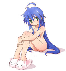 Rule 34 | 1girl, ahoge, animal slippers, blue hair, blush, cat slippers, closed mouth, collarbone, convenient censoring, dot nose, female focus, flat chest, full body, green eyes, hair between eyes, hair over shoulder, huge ahoge, hugging own legs, izumi konata, knees up, legs together, long hair, looking at viewer, lucky star, mel (melty pot), mole, mole under eye, nude, shiny skin, simple background, sitting, slippers, solo, very long hair, water drop, wet, white background