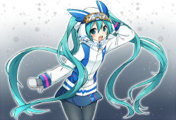 Rule 34 | 1girl, :d, arm behind head, arm up, black pantyhose, blue eyes, blue hair, blue skirt, blush, coat, gloves, goggles, goggles on head, gradient background, hair between eyes, hat, hatsune miku, long hair, long sleeves, matching hair/eyes, open mouth, pantyhose, scarf, skirt, smile, snowflakes, snowing, solo, standing, sudachi (calendar), thigh gap, twintails, very long hair, vocaloid, white gloves, winter clothes, winter coat, yuki miku