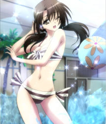 Rule 34 | 10s, 1girl, ball, bare shoulders, bikini, black hair, breasts, brown eyes, cleavage, female focus, highres, hiramatsu taeko, indoors, kore wa zombie desu ka?, long hair, navel, open mouth, plant, screencap, solo, stitched, swimsuit, third-party edit, twintails, water, wink
