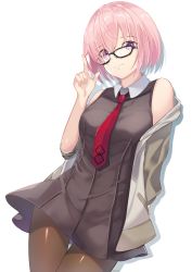 1girl, absurdres, bare shoulders, black dress, black legwear, bob cut, closed mouth, contrapposto, dress, fate/grand order, fate (series), glasses, hair over one eye, highres, index finger raised, jacket, light purple hair, looking at viewer, mash kyrielight, mono 1010, necktie, off shoulder, pantyhose, purple eyes, red neckwear, short dress, short hair, simple background, sleeveless, sleeveless dress, smile, solo, white background