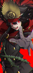 Rule 34 | 1girl, absurdres, black hair, black hat, blurry, blurry foreground, buttons, chain, chromatic aberration, fate/grand order, fate (series), gloves, gold chain, hair between eyes, hand on own hip, hat, highres, koha-ace, long hair, military, military hat, military uniform, oda nobunaga (fate), oda nobunaga (koha-ace), oda uri, open mouth, outstretched arm, pakotaroh, peaked cap, red background, red eyes, sidelocks, simple background, solo, teeth, uniform, white gloves