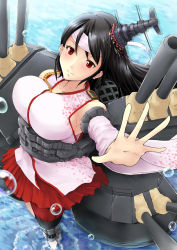 Rule 34 | 10s, 1girl, bare shoulders, black hair, breasts, cannon, detached sleeves, epaulettes, floral print, from above, fusou (kancolle), fusou kai ni (kancolle), hair ornament, headband, highres, japanese clothes, kantai collection, large breasts, long hair, looking at viewer, mice (sake nomitai), micesakenomitai, nontraditional miko, red eyes, skirt, smile, solo, turret