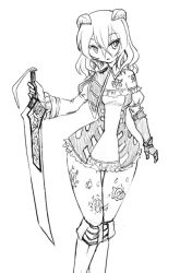 Rule 34 | 1girl, bloodstained: ritual of the night, camel (dansen), dress, female focus, miriam (bloodstained), monochrome, short dress, solo, sword, thigh gap, weapon