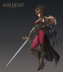 Rule 34 | 1girl, armor, black footwear, boots, breasts, brown eyes, cleavage, fantasy girl series, full body, gauntlets, greaves, grey background, helmet, highres, holding, holding sword, holding weapon, light brown hair, long hair, looking to the side, profile, rooster tail, solo, sword, weapon, woo kim