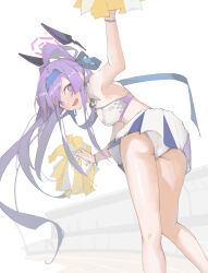Rule 34 | 1girl, absurdres, alternate costume, arm up, armpits, ass, bare legs, blue archive, blue headband, blush, breasts, cheerleader, diksiuw, feet out of frame, halo, headband, highres, holding, holding pom poms, long hair, looking at viewer, looking back, medium breasts, millennium cheerleader outfit (blue archive), miniskirt, panties, pantyshot, pom pom (cheerleading), pom poms, ponytail, purple eyes, purple hair, skirt, solo, underbutt, underwear, utaha (blue archive), very long hair, white panties