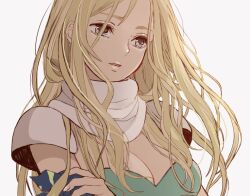 Rule 34 | 1girl, armor, bandaged arm, bandages, blonde hair, blue eyes, blue ribbon, breasts, celes chere, cleavage, crossed arms, final fantasy, final fantasy vi, green leotard, grey background, kisa tmy11, leotard, long hair, medium breasts, parted bangs, parted lips, ribbon, scarf, shoulder armor, solo, upper body, white scarf