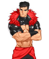 Rule 34 | 1boy, abs, absurdres, bara, black hair, blue eyes, collar, crop top, crossed arms, ear piercing, earrings, gloves, highres, jewelry, looking to the side, male focus, mature male, muscular, muscular male, original, pants, pectorals, piercing, short hair, solo, spiked hair, thick arms, thick eyebrows, tight clothes, undercut, upper body, won (won uom)