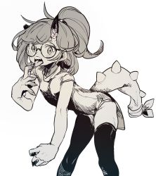 Rule 34 | 1girl, belt pouch, bent over, blush, broken horn, china dress, chinese clothes, ddari, dress, glasses, hand up, highres, horns, looking at viewer, open mouth, original, ponytail, pouch, round eyewear, simple background, single horn, solo, spiked tail, tail, thighhighs, tongue, tongue out, white background