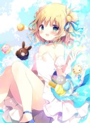 Rule 34 | 1girl, :d, anko (gochiusa), bare shoulders, blonde hair, blue bow, blue footwear, blush, bow, breasts, collarbone, commentary request, detached sleeves, double bun, dress, food, gloves, gochuumon wa usagi desu ka?, green eyes, hair bow, hand up, ice cream, kirima syaro, knees together feet apart, knees up, looking at viewer, open mouth, puffy short sleeves, puffy sleeves, shiratama (shiratamaco), shoes, short sleeves, small breasts, smile, solo, strapless, strapless dress, striped, striped bow, wafer stick, white dress, white gloves, white sleeves, wild geese