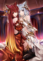 Rule 34 | 10s, 2girls, animal ears, anthuria, backless dress, backless outfit, bare shoulders, black legwear, blonde hair, blunt bangs, bracelet, bridal gauntlets, contrast, detached sleeves, dress, erune, gradient hair, granblue fantasy, grey eyes, hair ornament, headgear, highres, holding hands, indoors, interlocked fingers, jewelry, korwa, long hair, looking at viewer, multicolored hair, multiple girls, on bed, pak ce, parted lips, red dress, red eyes, red hair, silver hair, smile, thighhighs, very long hair, white dress