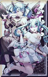 Rule 34 | absurdres, aimaina, aqua hair, black dress, black halo, black wings, choker, corset, cross-laced clothes, cross-laced corset, dark halo, demon horns, demon wings, devil janai mon (vocaloid), doushite-chan, dress, fishnet pantyhose, fishnets, hair ornament, halo, hatsune miku, head wings, highres, holding trident, horns, long hair, niinya, open mouth, pantyhose, ruoruomi, smile, thigh strap, twintails, very long hair, vocaloid, white dress, wings
