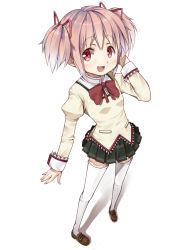 Rule 34 | 10s, 1girl, blush, bow, female focus, full body, gradient background, hair bow, kaname madoka, mahou shoujo madoka magica, mahou shoujo madoka magica (anime), open mouth, pink eyes, pink hair, ribbon, school uniform, short hair, short twintails, smile, solo, thighhighs, twintails, umeboshitora, white background, white thighhighs