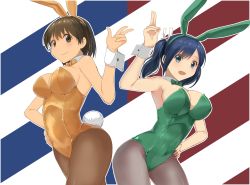 Rule 34 | 2girls, animal ears, arm up, blue eyes, blue hair, bow, bowtie, breasts, brown eyes, brown hair, brown legwear, cleavage, contrapposto, cowboy shot, detached collar, fake animal ears, green leotard, hair tie, hairband, hand on own hip, highres, hiryuu (kancolle), kantai collection, large breasts, leaning forward, leotard, looking at viewer, masukuza j, multiple girls, one side up, pantyhose, pink background, playboy bunny, rabbit ears, short hair, simple background, smile, souryuu (kancolle), standing, twintails, wrist cuffs, yellow leotard