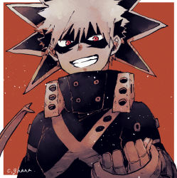 Rule 34 | 1boy, adcalcium, bakugou katsuki, black mask, blonde hair, boku no hero academia, border, commentary request, eye mask, grin, high collar, looking at viewer, male focus, red background, red eyes, short hair, simple background, smile, solo, spiked hair, teeth, white border