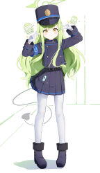 Rule 34 | 1girl, absurdres, armband, arms up, auui, belt, black belt, black footwear, black hat, black shirt, black skirt, blue archive, blue armband, boots, buttons, commentary, demon tail, double-breasted, double v, earrings, expressionless, full body, gloves, green hair, green halo, halo, hat, highres, hikari (blue archive), jewelry, long hair, long sleeves, looking at viewer, pantyhose, peaked cap, pleated skirt, pointy ears, shadow, shirt, sidelocks, simple background, skirt, solo, sparkle, standing, tail, train, v, v over eye, white background, white gloves, white pantyhose, yellow eyes