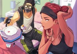 Rule 34 | 1boy, 1girl, 2gou, adjusting hair, apex legends, arm tattoo, arm up, armpits, bed, bed sheet, bedroom, black gloves, black tank top, breasts, brown eyes, commentary request, double bun, drone, fingerless gloves, gas mask, gloves, hair bun, headband, highres, indoors, lifeline (apex legends), mask, nose, octane (apex legends), on bed, pants, pillow, red hair, red lips, shirt, sitting, small breasts, tank top, tattoo, tying hair, white shirt