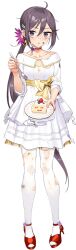 Rule 34 | 1girl, ahoge, akebono (kancolle), akebono kai ni (kancolle), bell, blush, cake, collarbone, dress, drew (drew213g), flower, food, fork, full body, hair bell, hair between eyes, hair flower, hair ornament, high heels, holding, holding fork, holding plate, jingle bell, kantai collection, long hair, official art, pantyhose, parted lips, pink flower, plate, purple eyes, purple hair, red footwear, solo, strawberry shortcake, torn clothes, torn dress, torn pantyhose, transparent background, white dress, white pantyhose