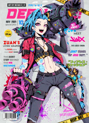 Rule 34 | :d, absurdres, ahoge, alternate costume, arcane: league of legends, artist name, barcode, belt, black belt, black pants, blue hair, braid, breasts, caution tape, character name, commentary, cover, defaultz, english text, fake magazine cover, fangs, gatling gun, get jinxed, groin, gun, handgun, heart, highres, holding, holding weapon, jacket, jewelry, jinx (league of legends), keep out, league of legends, long hair, long sleeves, looking at viewer, magazine cover, minigun, navel, necklace, open clothes, open jacket, open mouth, pants, pistol, red jacket, rocket launcher, shell casing, short sleeves, small breasts, smile, solo, stomach, stomach tattoo, tattoo, teeth, translation request, twin braids, weapon