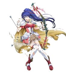 Rule 34 | 1girl, ankle boots, armor, arrow (projectile), blue eyes, blue hair, boots, bow (weapon), bracelet, braid, breasts, cape, cleavage, collar, collarbone, corset, faulds, fingerless gloves, fire emblem, fire emblem: the sacred stones, fire emblem heroes, frills, full body, gloves, high heel boots, high heels, high ponytail, highres, holding, holding bow (weapon), holding weapon, jewelry, long hair, looking away, medium breasts, mikurou (nayuta), nintendo, non-web source, official art, one eye closed, open mouth, ponytail, puffy short sleeves, puffy sleeves, quiver, short sleeves, shoulder armor, sidelocks, skirt, solo, tana (fire emblem), thighhighs, torn cape, torn clothes, transparent background, weapon, zettai ryouiki