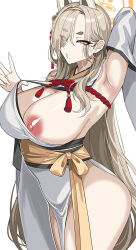 Rule 34 | 1girl, :o, animal ears, arm up, armpits, blue archive, breasts, commentary request, grey hair, hair ornament, hairband, halo, hella p, highres, japanese clothes, kaho (blue archive), korean commentary, large breasts, long hair, long sleeves, looking at viewer, nipples, open mouth, simple background, solo, thick eyebrows, white background, yellow eyes, yellow hairband