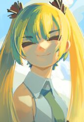 Rule 34 | 1girl, aqua hair, aqua necktie, black sleeves, blonde hair, blue background, closed mouth, cloud, cloudy sky, collared shirt, commentary, detached sleeves, english commentary, hatsune miku, highres, long hair, looking at viewer, multicolored hair, necktie, shirt, sky, smile, solo, sunlight, topdylan, twintails, two-tone hair, upper body, very long hair, vocaloid, white background, white shirt