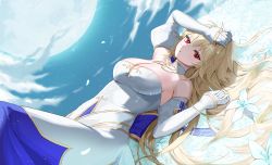 Rule 34 | 1girl, archetype earth, arcueid brunestud, bare shoulders, blonde hair, breasts, cleavage, cloud, commentary request, detached collar, detached sleeves, dress, fate/grand order, fate (series), field, flower, flower field, gloves, gold trim, highres, large breasts, long hair, looking at viewer, lying, moon, nakar34ra, night, night sky, outdoors, petals, red eyes, sky, solo, strapless, strapless dress, tsukihime, tsukihime (remake), very long hair, white dress, white flower, white gloves, white sleeves