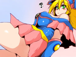 Rule 34 | 1girl, bare shoulders, blonde hair, blush, blush stickers, breasts, dark magician girl, duel monster, green eyes, hat, isna (footprintsofisna), large breasts, long hair, pentacle, solo, wizard hat, yu-gi-oh!, yu-gi-oh! duel monsters