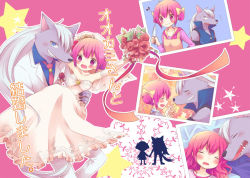 Rule 34 | 10s, 1girl, arms up, blush, bouquet, bow, carrying, cover, cover page, dress, drooling, closed eyes, flower, grin, hair bow, hair ornament, hoshizora miyuki, knife, long hair, looking at viewer, open mouth, photo (object), pink eyes, pink hair, precure, princess carry, profile, rose, short hair, sleeping, smile, smile precure!, star (symbol), translation request, wavy hair, wedding dress, wolfrun, yoshizoe eiko