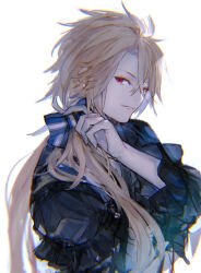 Rule 34 | 1boy, aglovale (granblue fantasy), black shirt, blonde hair, blue bow, bow, frilled shirt, frills, granblue fantasy, hair between eyes, hair bow, hair over shoulder, hand up, iwashi (morpho000), long hair, looking at viewer, low ponytail, male focus, official alternate costume, red eyes, shirt, simple background, smile, solo, upper body, vest, white background, white vest