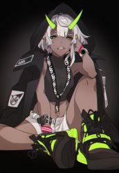 Rule 34 | 1girl, bare shoulders, black footwear, black jacket, chromatic aberration, commentary request, dark-skinned female, dark skin, earrings, elbow on knee, fingernails, green eyes, green nails, highres, hood, hood up, hooded jacket, horns, jacket, jewelry, looking at viewer, midriff, nail polish, navel, nike (company), original, parted lips, pointy ears, samei ikusa, shoes, short hair, shorts, sitting, smile, sneakers, solo, white hair, white shorts