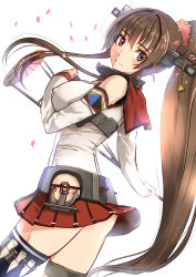 Rule 34 | 10s, 1girl, akasaai, blush, breasts, brown eyes, brown hair, cherry blossoms, detached sleeves, flower, hair flower, hair ornament, highres, kantai collection, large breasts, long hair, looking at viewer, microskirt, oil-paper umbrella, personification, ponytail, skirt, smile, solo, thighhighs, umbrella, very long hair, yamato (kancolle)