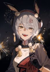 Rule 34 | 1girl, aerial fireworks, animal ears, animal hairband, black gloves, bracelet, chinese clothes, dark background, earmuffs, earrings, fake animal ears, fireworks, gloves, grey hair, hair between eyes, hair ornament, hairclip, highres, holding, holding fireworks, jewelry, karenina: scire (punishing: gray raven), karenina (punishing: gray raven), laughing, lips, looking at viewer, mechanical ears, night, night sky, official alternate costume, outdoors, parted lips, people, power lines, punishing: gray raven, rabbit ears, short hair, simple bird, sky, solo focus, sparkler, tassel, tassel earrings, teeth, upper body, upper teeth only, utility pole, yellow eyes, yimu (817628)