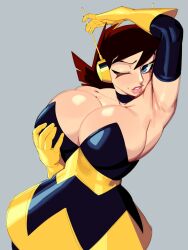 Rule 34 | 1girl, arm up, armpits, blue eyes, breasts, brown hair, cleavage, commentary, detached sleeves, english commentary, gloves, grabbing own breast, grey background, highres, janet van dyne, large breasts, looking at viewer, marvel, nezulet, one eye closed, standing, the avengers: earth&#039;s mightiest heroes!, upper body, wasp (marvel)