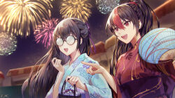 Rule 34 | 2girls, :d, aerial fireworks, black hair, coke-bottle glasses, copyright name, dairoku ryouhei, festival, fireworks, glasses, hair between eyes, hand fan, hand up, highres, holding, holding fan, japanese clothes, kimono, kinchaku, multiple girls, night, obi, open mouth, outdoors, penguu (green528), pointing, pouch, red hair, red kimono, sash, smile, therese cole, upper body, wide sleeves, yukata