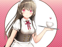 Rule 34 | 1girl, apron, black hair, black skirt, blush, breasts, closed mouth, collared shirt, commentary request, cup, dress shirt, frilled apron, frills, hair between eyes, hand up, holding, holding tray, kurata rine, long hair, looking at viewer, maid, maid headdress, medium breasts, neck ribbon, original, polka dot, polka dot background, puffy short sleeves, puffy sleeves, red eyes, red ribbon, ribbon, shirt, short sleeves, skirt, smile, solo, teacup, tray, underbust, very long hair, waist apron, white apron, white shirt
