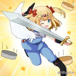 Rule 34 | 1girl, ;d, asymmetrical wings, black footwear, black wings, blonde hair, blue eyes, blue pants, blue shirt, blush, boots, bow, commentary request, feathered wings, full body, hair bow, headpiece, holding, holding sword, holding weapon, looking at viewer, marl (shironeko project), mismatched wings, mitya, one eye closed, open mouth, pants, red bow, shironeko project, shirt, smile, solo, standing, standing on one leg, star (symbol), sword, twitter username, two side up, washpan, weapon, white wings, wings