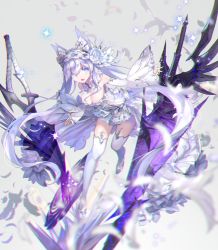 Rule 34 | 1girl, bare shoulders, breasts, cleavage, detached collar, detached sleeves, dress, flower, hair flower, hair ornament, hairband, highres, looking at viewer, medium breasts, mizushirazu, open mouth, original, solo, strapless, strapless dress, sword, thighhighs, twintails, weapon, white background, white dress, white eyes, white hair, white thighhighs
