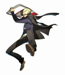 Rule 34 | 1boy, angry, arc system works, atlus, belt, black eyes, blonde hair, chair, delinquent, ear piercing, fangs, fighting stance, folding chair, jacket, jacket on shoulders, jolly roger, jumping, long sleeves, looking at viewer, male focus, official art, open mouth, pants, persona, persona 4, persona 4: the ultimate in mayonaka arena, piercing, scar, shoes, short hair, soejima shigenori, solo, tatsumi kanji, widow&#039;s peak